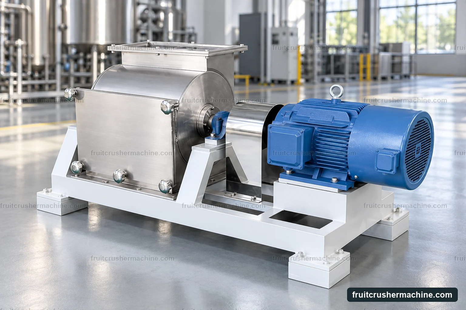 Industrial PS fruit crusher family with stainless chamber, hopper, frame and blue electric motor