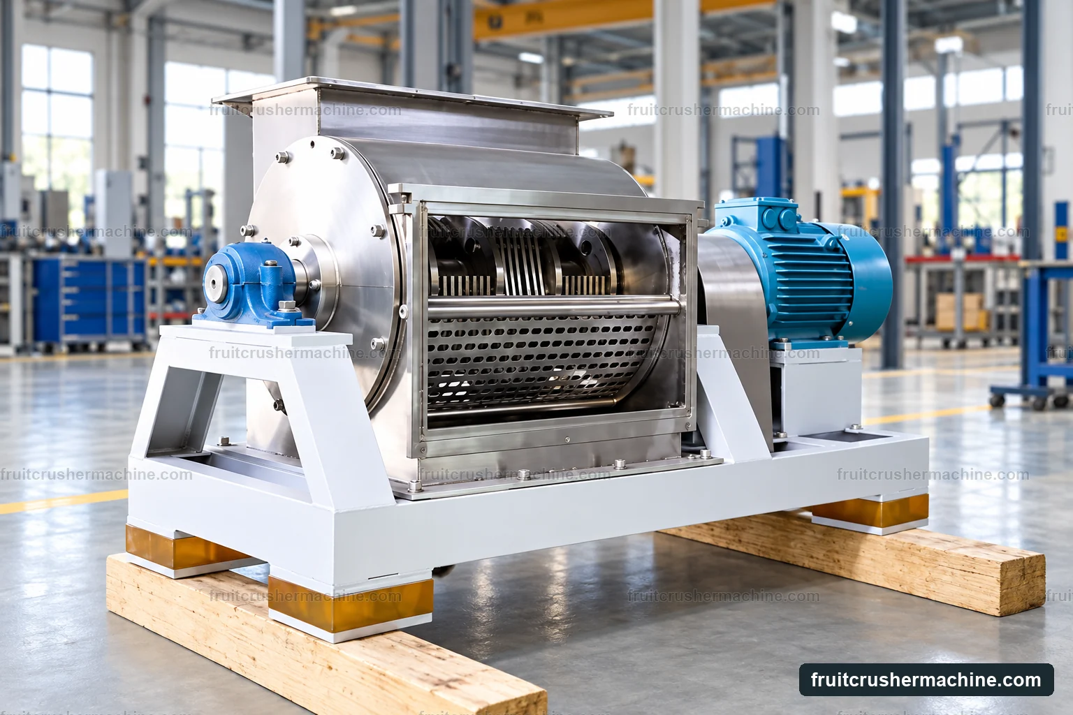 Opened industrial fruit crusher showing the working assembly and perforated lower section